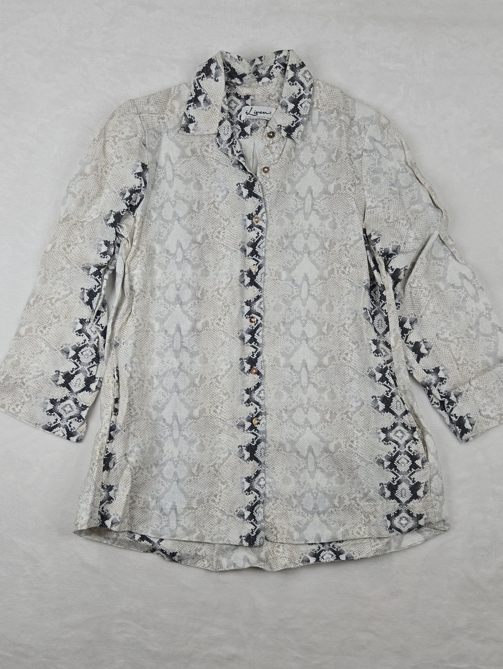 i Linen 100% Linen Snakeskin Print Button Front Collared Tunic Top W/ Pockets S